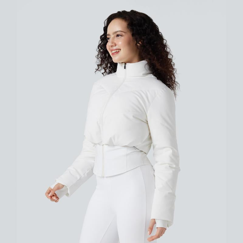 Halara 3-In-1 Stand Collar Casual Cropped Puffer Coat & Thumb Holes Curved Hem Jacket with Pocket