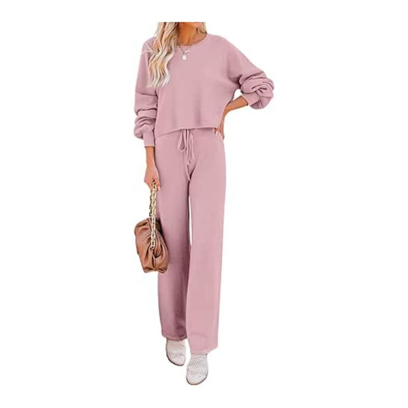 Womens Fall Winter Casual Solid Knitted 2 Piece Sets Long Sleeve Hoodie