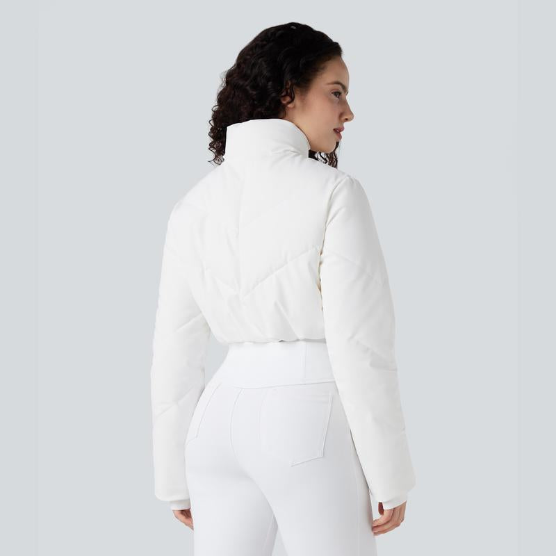 Halara 3-In-1 Stand Collar Casual Cropped Puffer Coat & Thumb Holes Curved Hem Jacket with Pocket