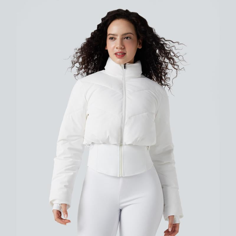Halara 3-In-1 Stand Collar Casual Cropped Puffer Coat & Thumb Holes Curved Hem Jacket with Pocket