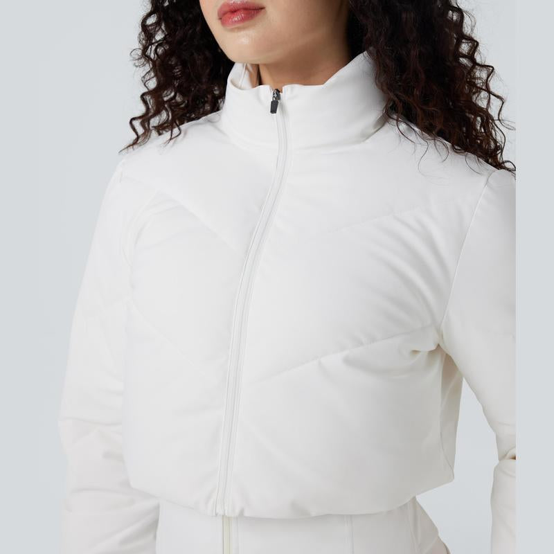 Halara 3-In-1 Stand Collar Casual Cropped Puffer Coat & Thumb Holes Curved Hem Jacket with Pocket